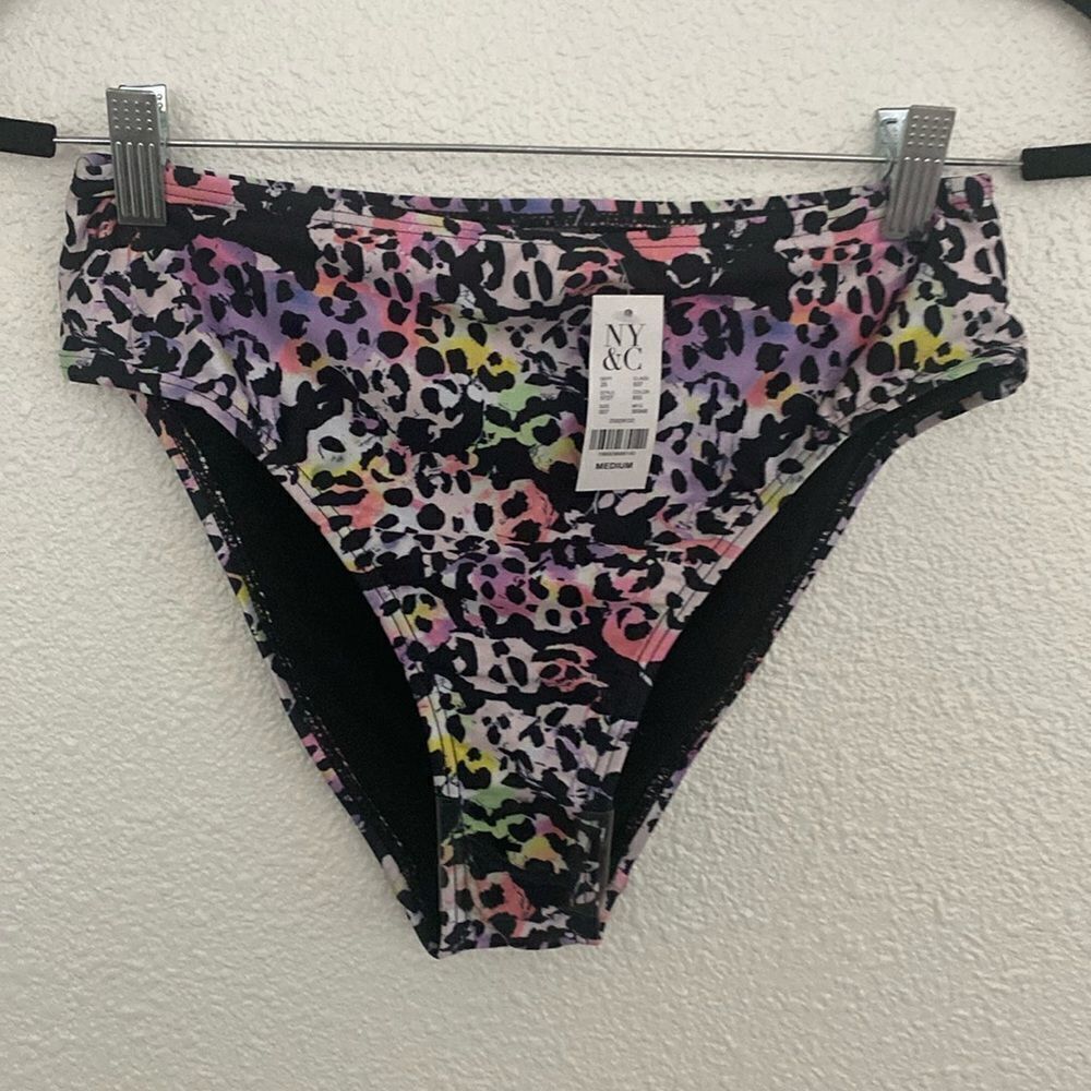 NWT-NY&C Swimwear- purple Leopard-Print High-Waisted Bikini Bottom - Size Medium